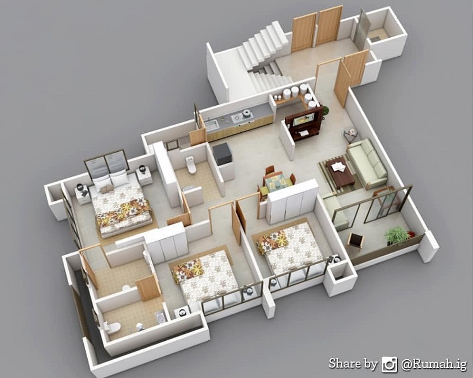 Denah Rumah 3 Kamar dengan 2 Lantai