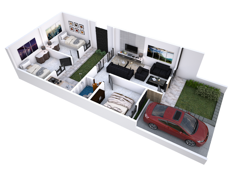 Denah Rumah Type 60 dengan Taman Indoor