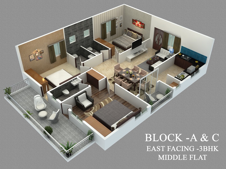 Denah Rumah Type 60 dengan Teras Memanjang