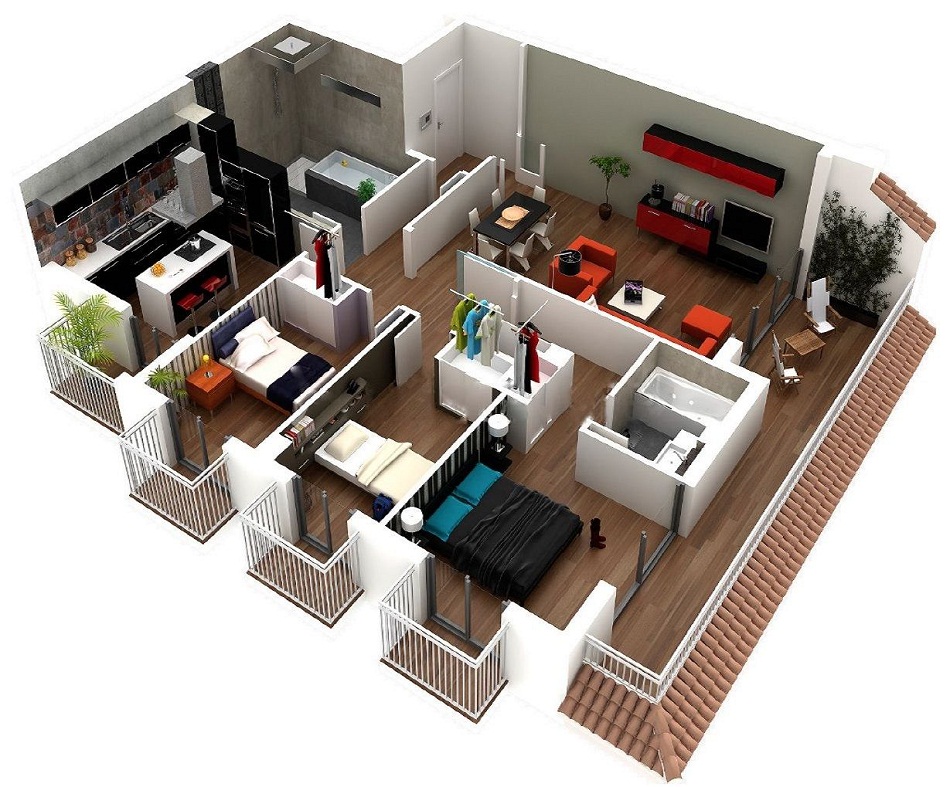 Denah Rumah Type 70 dengan Balkon di Setiap Kamar