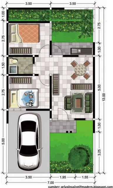 Denah Desain Rumah 8 x 12 Dapur Terbuka