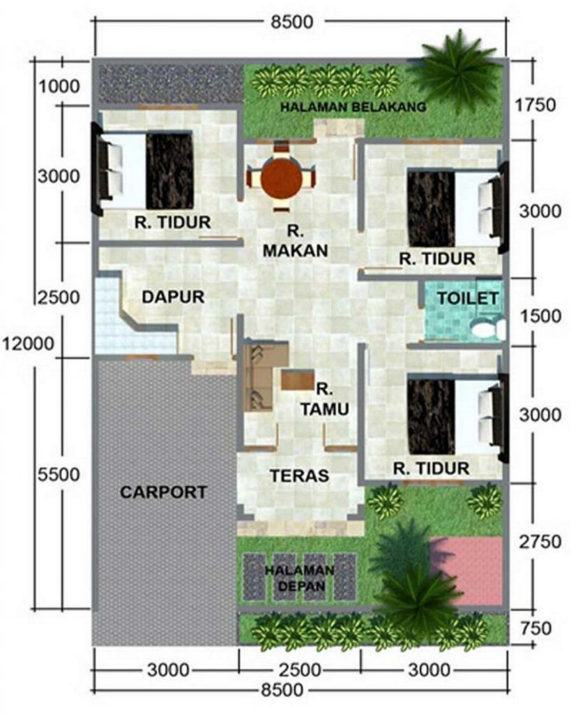 Denah Rumah 2 Lantai Ukuran 8 x 12