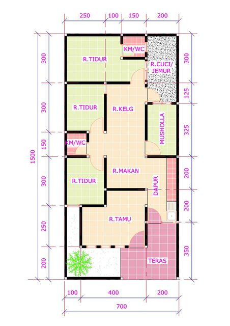 Denah Rumah 3 Kamar Tidur dan 1 Mushola Pada Ukuran 8 x 12