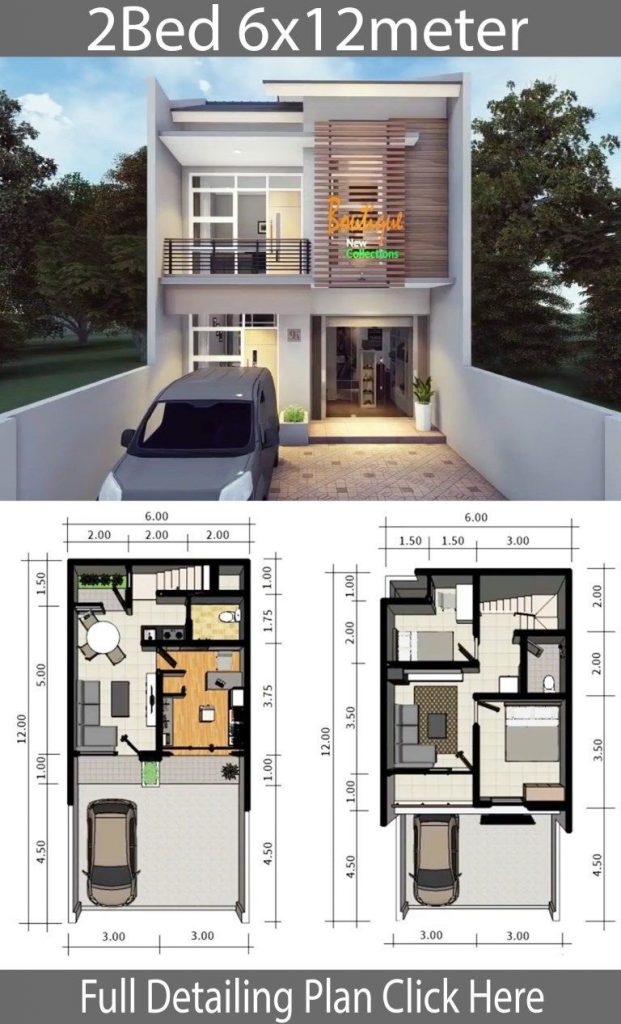 Denah Rumah 6x12 2 Lantai dengan 2 Kamar Tidur