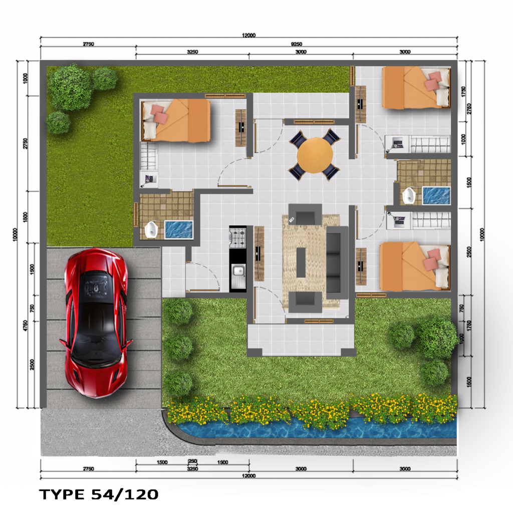 Denah Rumah Type 54 dengan 3 Kamar Tidur
