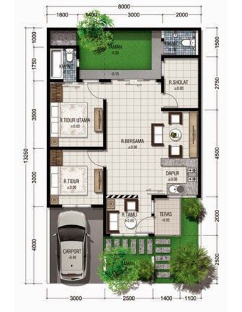 Desain Denah Rumah 8 x 12 Dengan 2 Kamar Mandi