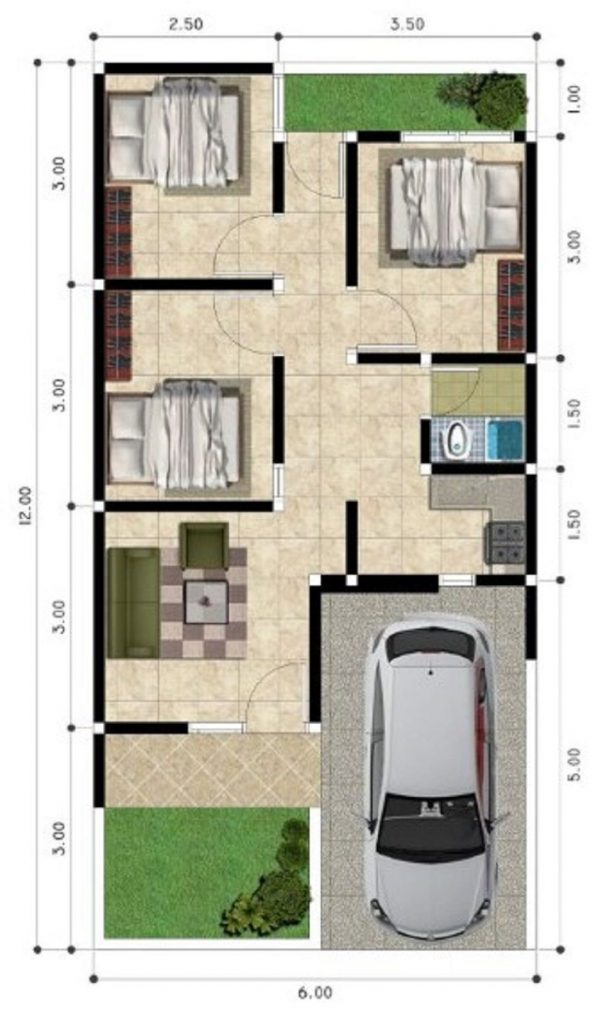 Desain Rumah Sederhana 6x12 3 Kamar Tidur